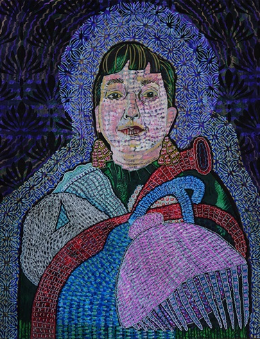 Minka Gillian “Self Portrait with Protective Aura”, 2022, ink and acrylic on 300gsm