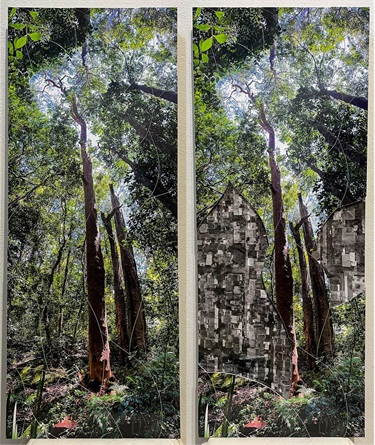 Louise Fowler-Smith, 'Urban Forest/Gridded Horror', 2024, digital print on self-adhesive vinyl and Colourbond, magnets, wood. Shelf: MDF board, self-adhesive digital print, brackets